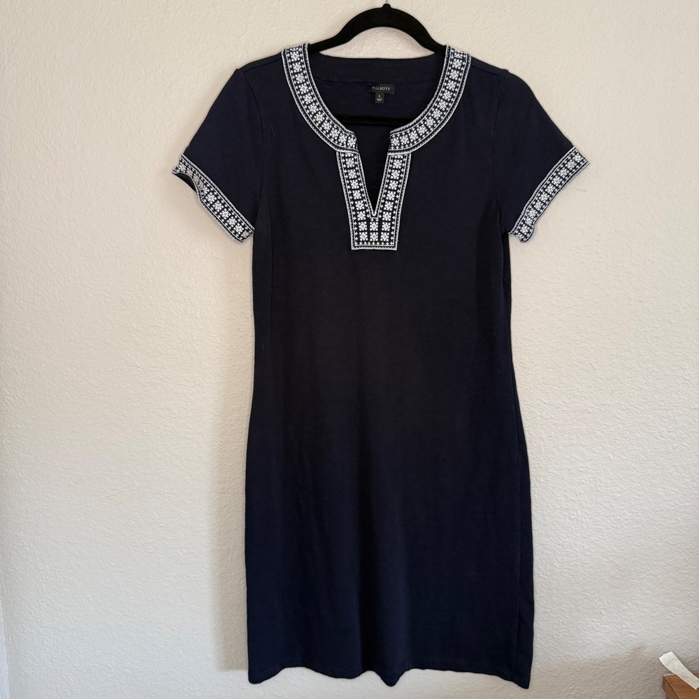 Talbots Womens Small Navy Knit Midi Dress Embroidered Coastal‎ Career Old Money